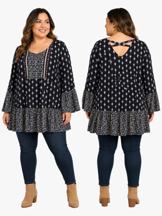 Style & Co. Tops - Style & Co Printed Boho Tunic Top Bell Sleeve Criss Cross Back Plus Size XXL 2X